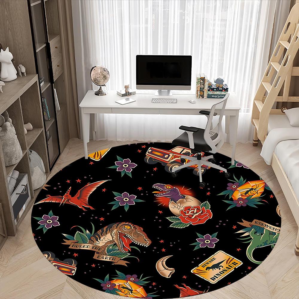 1PC Dinosaur Floral Office Round Area Rug, Mat Suitable For Office, Under Office Chairs Bedroom Living Room Home Decor, Room Deco