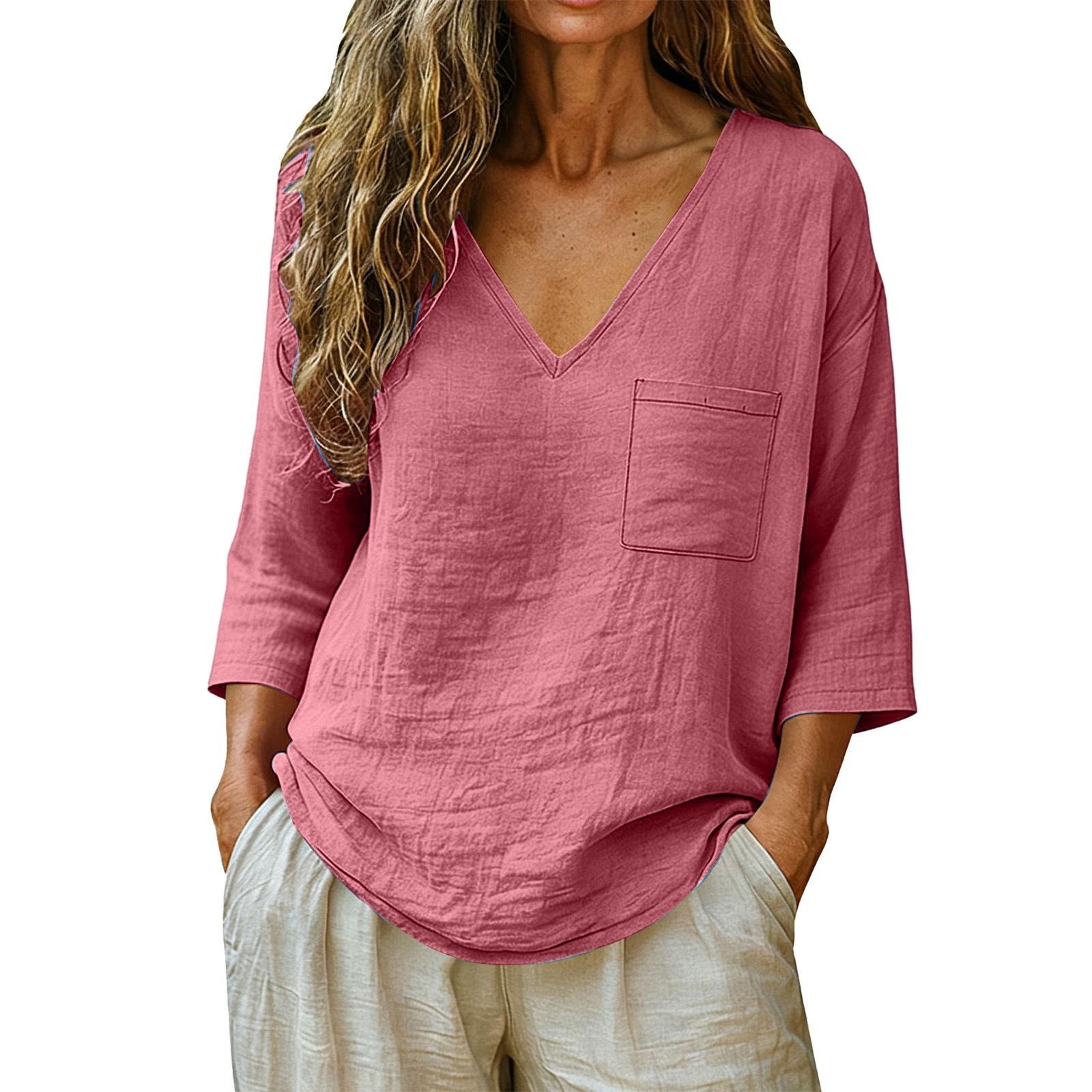 

Women s Fashionable Loose-Fit Cotton-Linen V-Neck Casual Pullover With 3/4 Sleeves XL кавун червоний колір