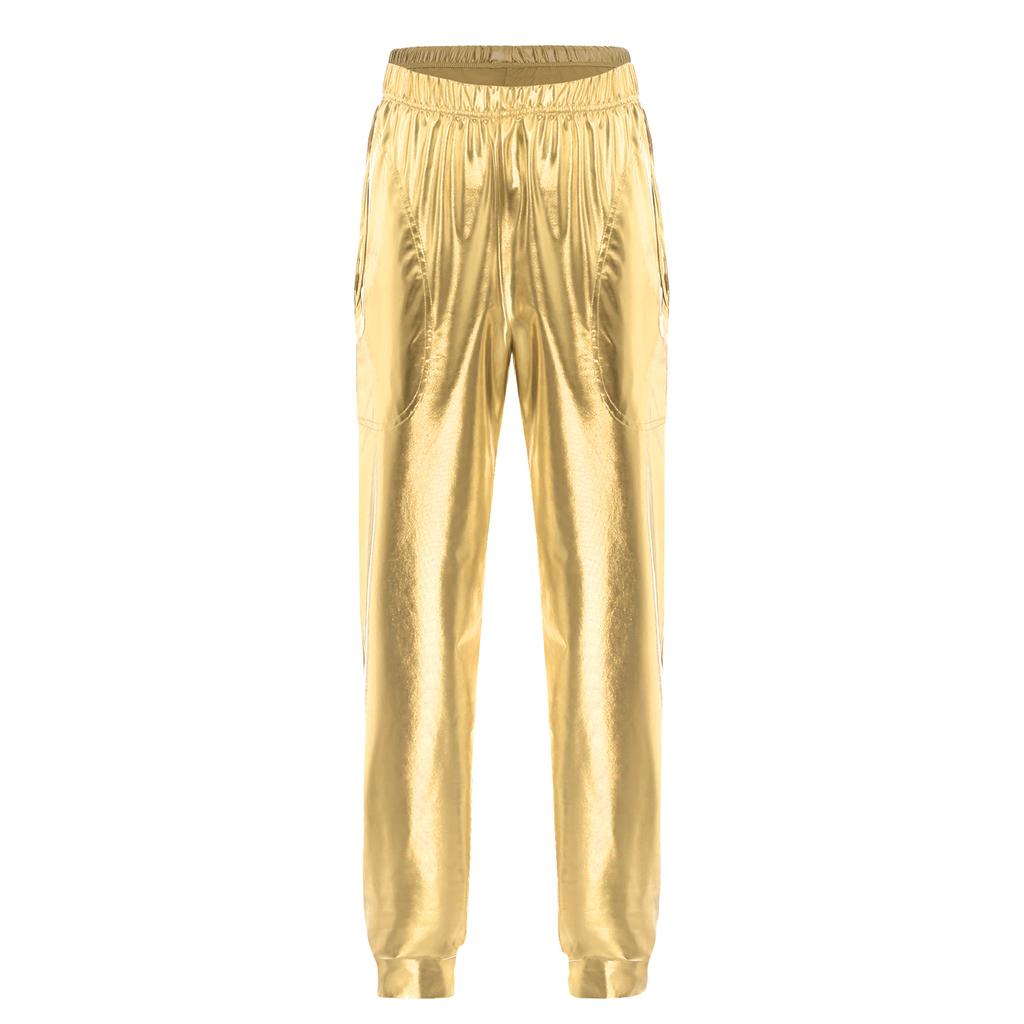 Damen Metallic Tanzhose Hoher Bund Elastischer Bund Lockerer Schnitt Sporthose Glänzender Schimmer Moderne Hose