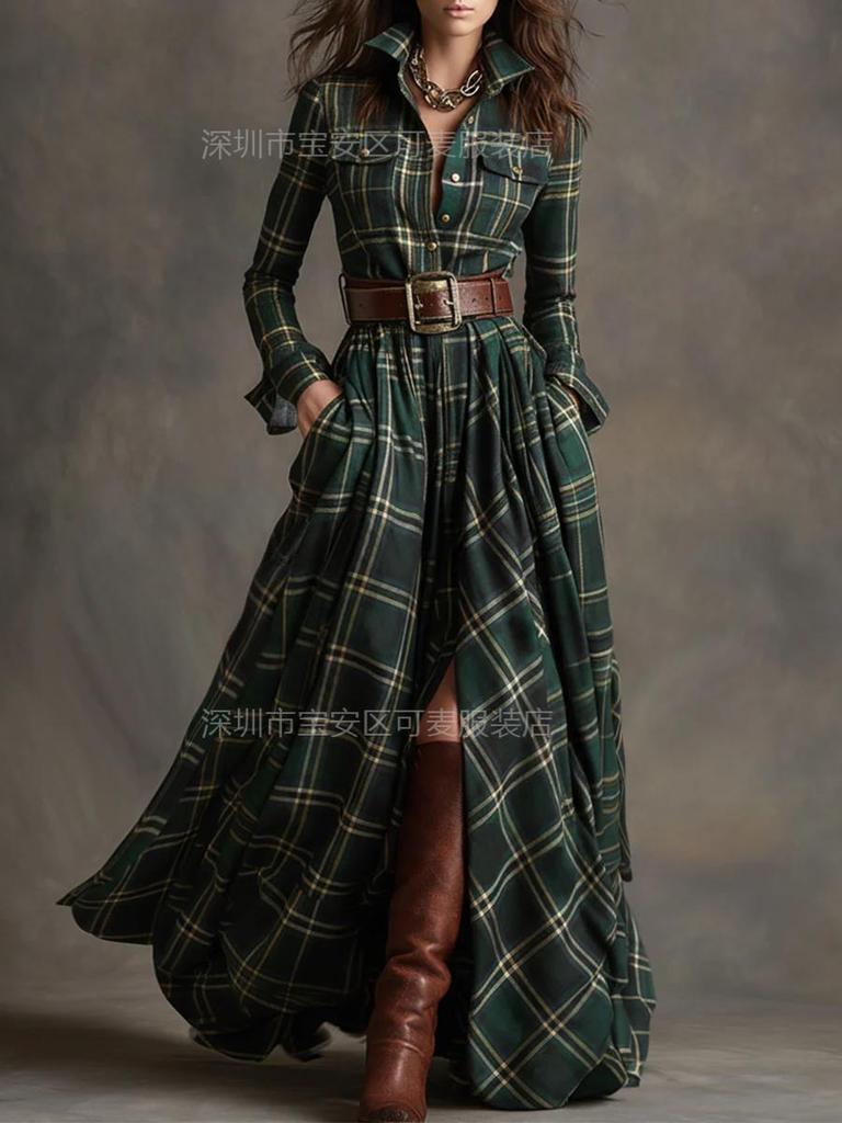 New retro plaid waist and thin irregular design lapel long-sleeved dress women