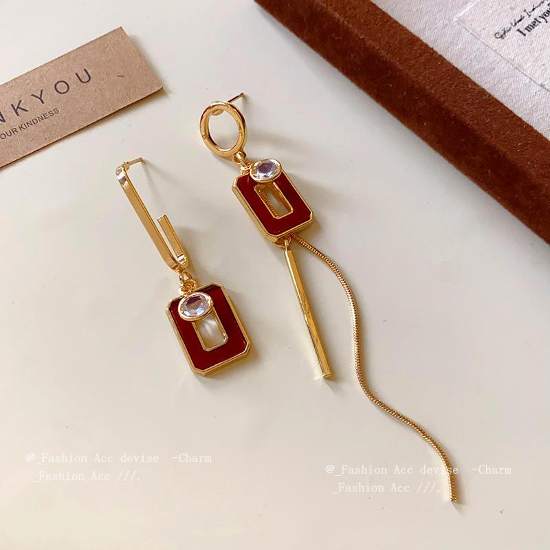 Silver Needle Dripping Oil Circle Square Asymmetrical Earrings Simple Trend Long Earrings Retro French Earrings Women