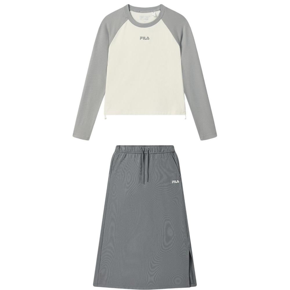 Fila Original Round Neck Pullover Raglan Long Sleeve T-Shirt Tie Knit Casual Long Dress Set Women Dress Set F11W539204F-IV+F11W539306F-DY