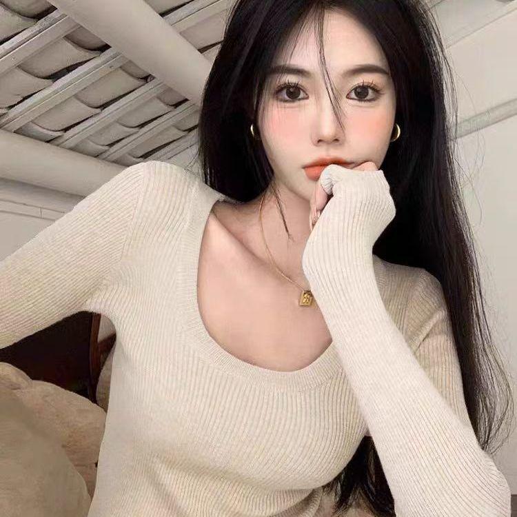 Korean Style Slim Fit U-Neck Long Sleeve Knitted Top for Women - Early Autumn 2024 Fashion Versatile Base Shirt