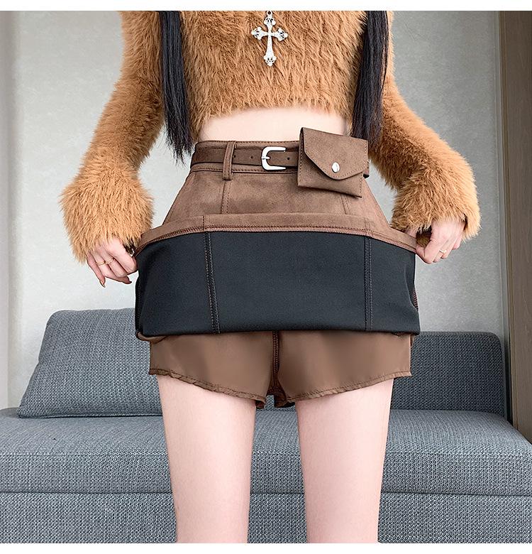 High-Waist Plus Size Korean Style PU Suede A-Line Skirt with Belt Bag - Spring/Autumn Women's Short Skirt