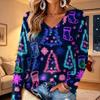Women's V-Neck Long Sleeve Christmas Print Lightweight Blouse for Spring and Summer