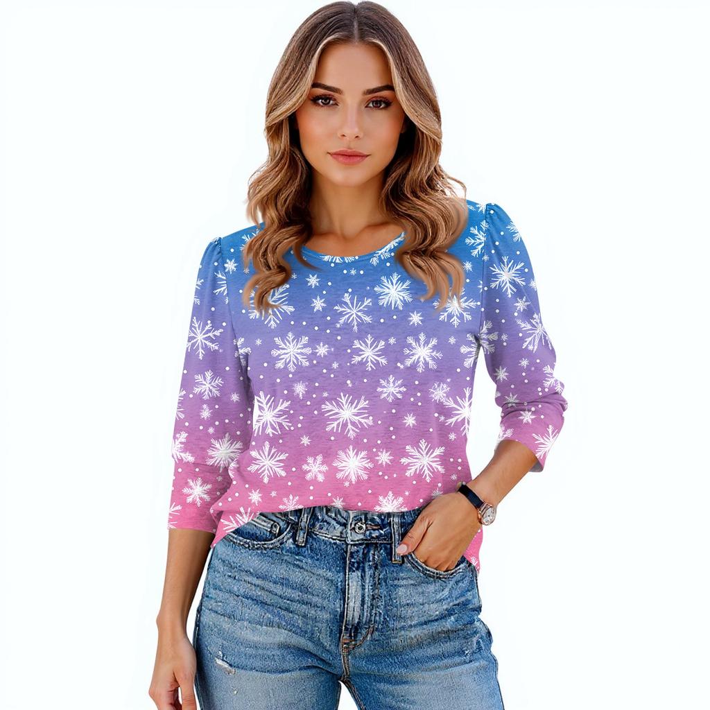 Women's Fashion Casual 3/4 Christmas Print Color Shirt Women's Round Neck Tops