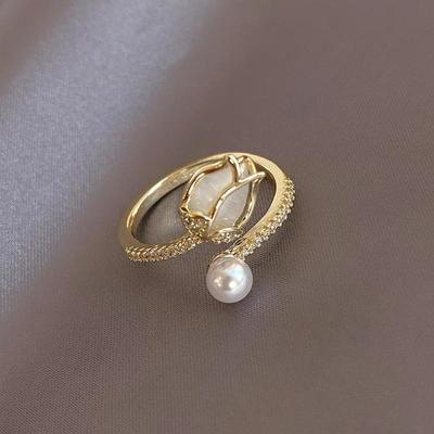 Anello da donna con fiore di tulipano e perla, anello aperto, temperamento di moda, gioielli eleganti