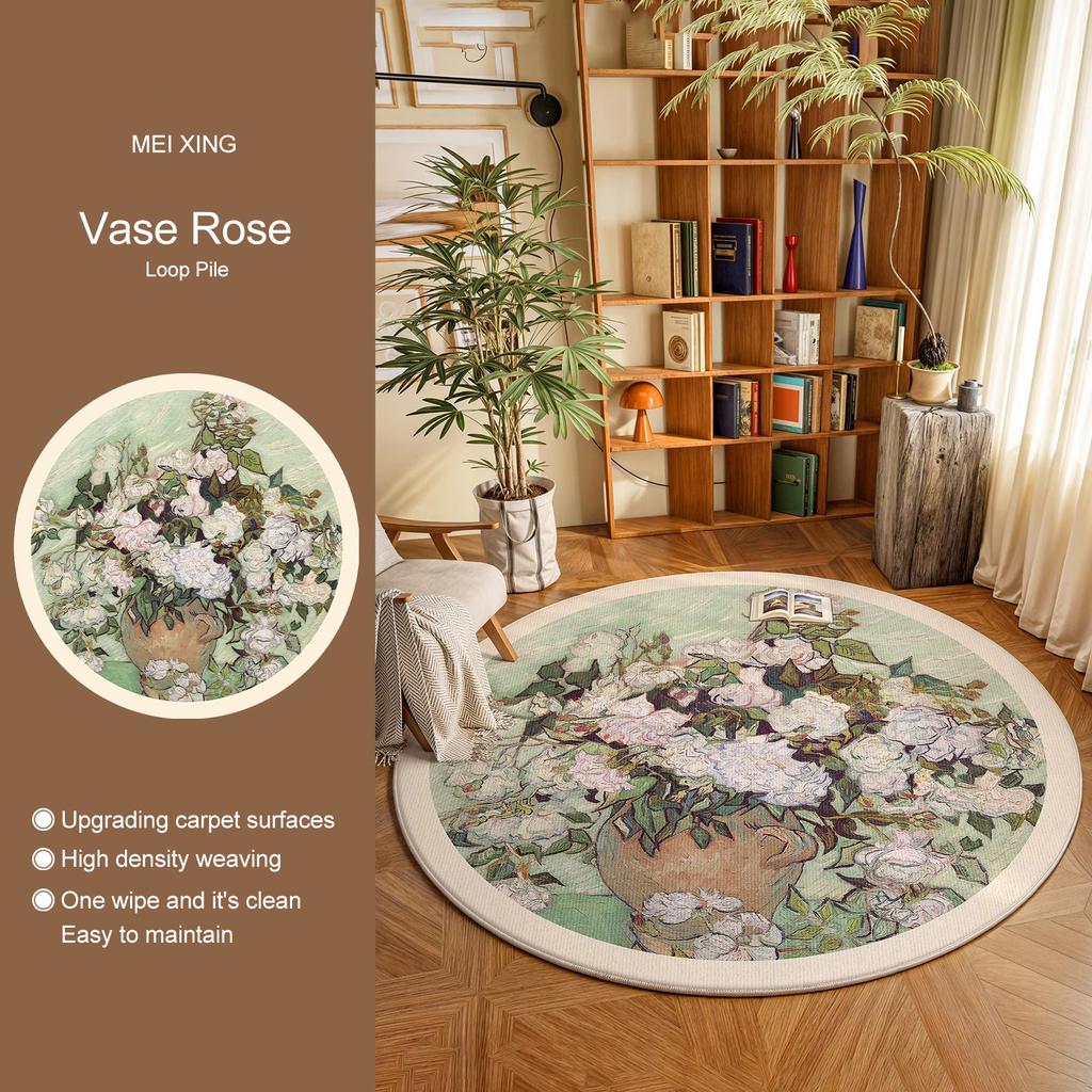 Round Rug Living Room Carpet Soft Bedroom Bedside Floor Mat Plants Flowers French Retro Anti-slip Carpets Home Ddecoration Tapis