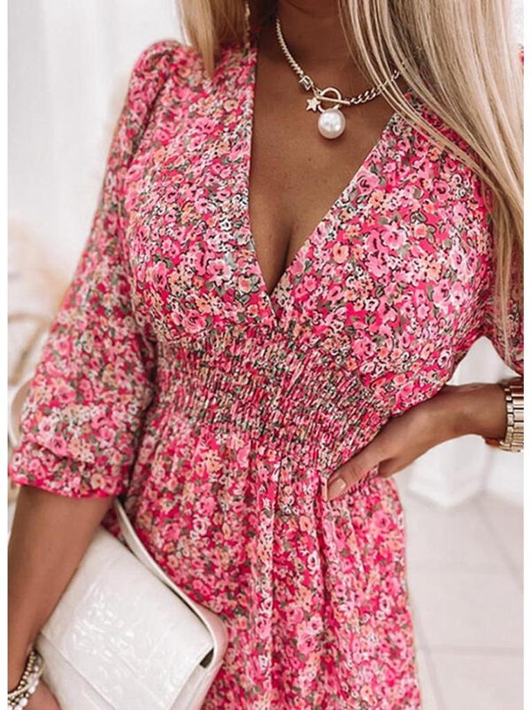 Bohemian Floral Print Mid-Length Pullover Dress with Waist-Gathering and Short Sleeves In 6 Colors