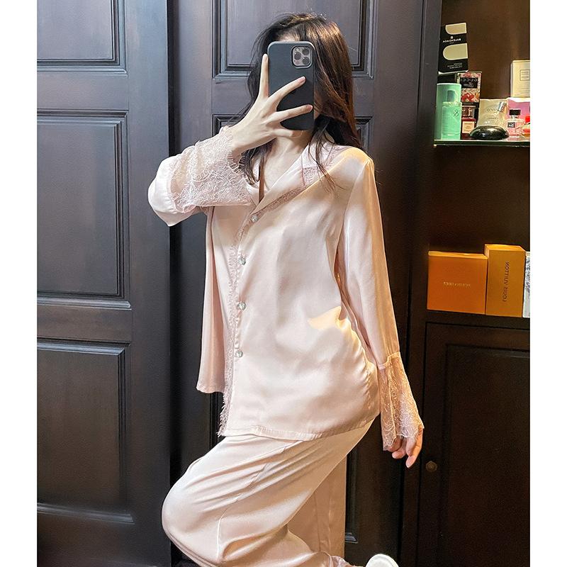 Pajamas Women'S Spring And Summer Pink Girly Style Long-Sleeved Trousers Sexy Lace Two-Piece Suit Loungewear