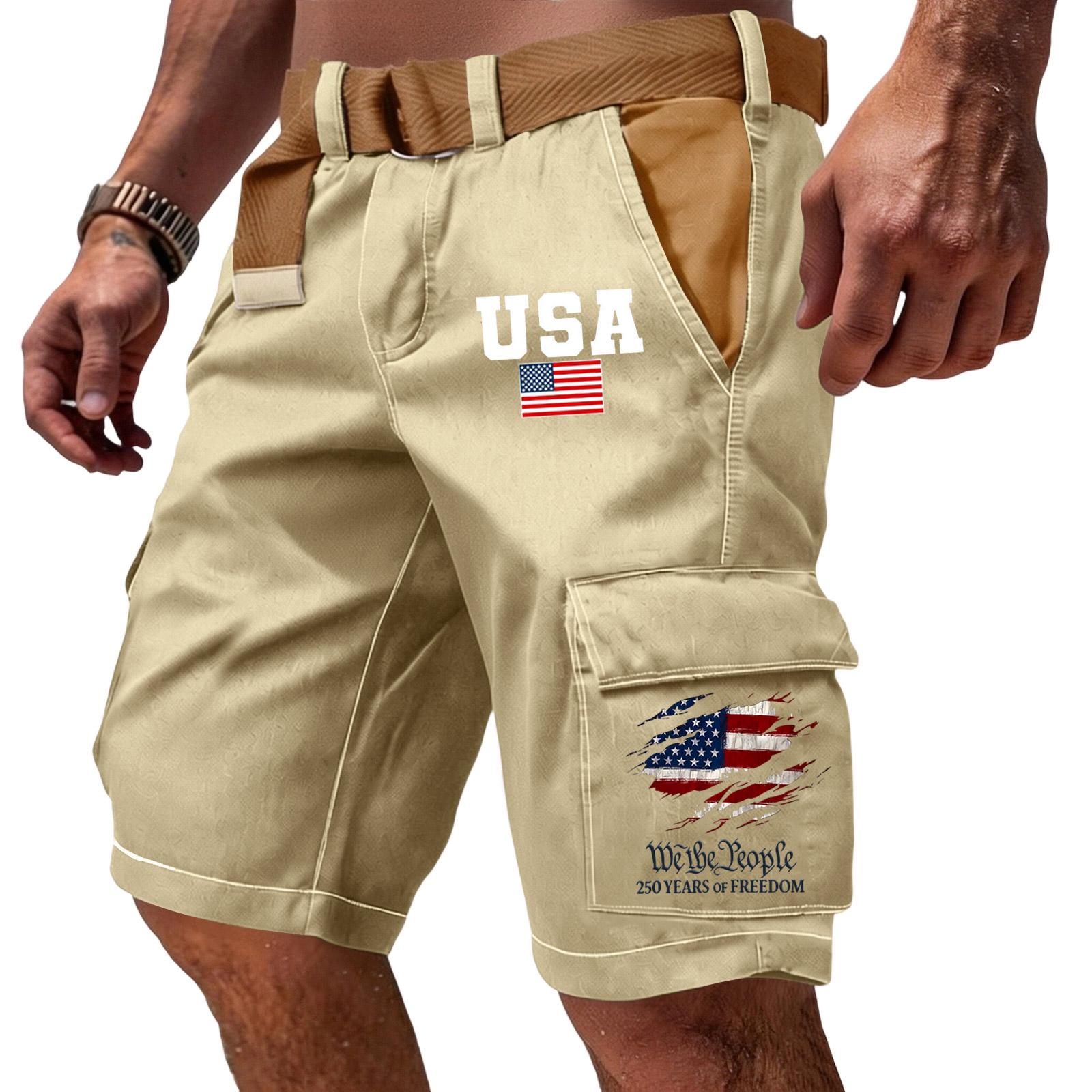 

Men s Casual Multi Pocket Cargo Shorts with Lettering and Flag Print Design Functional Outdoor Workwear Shorts without Belt XXXL хаки