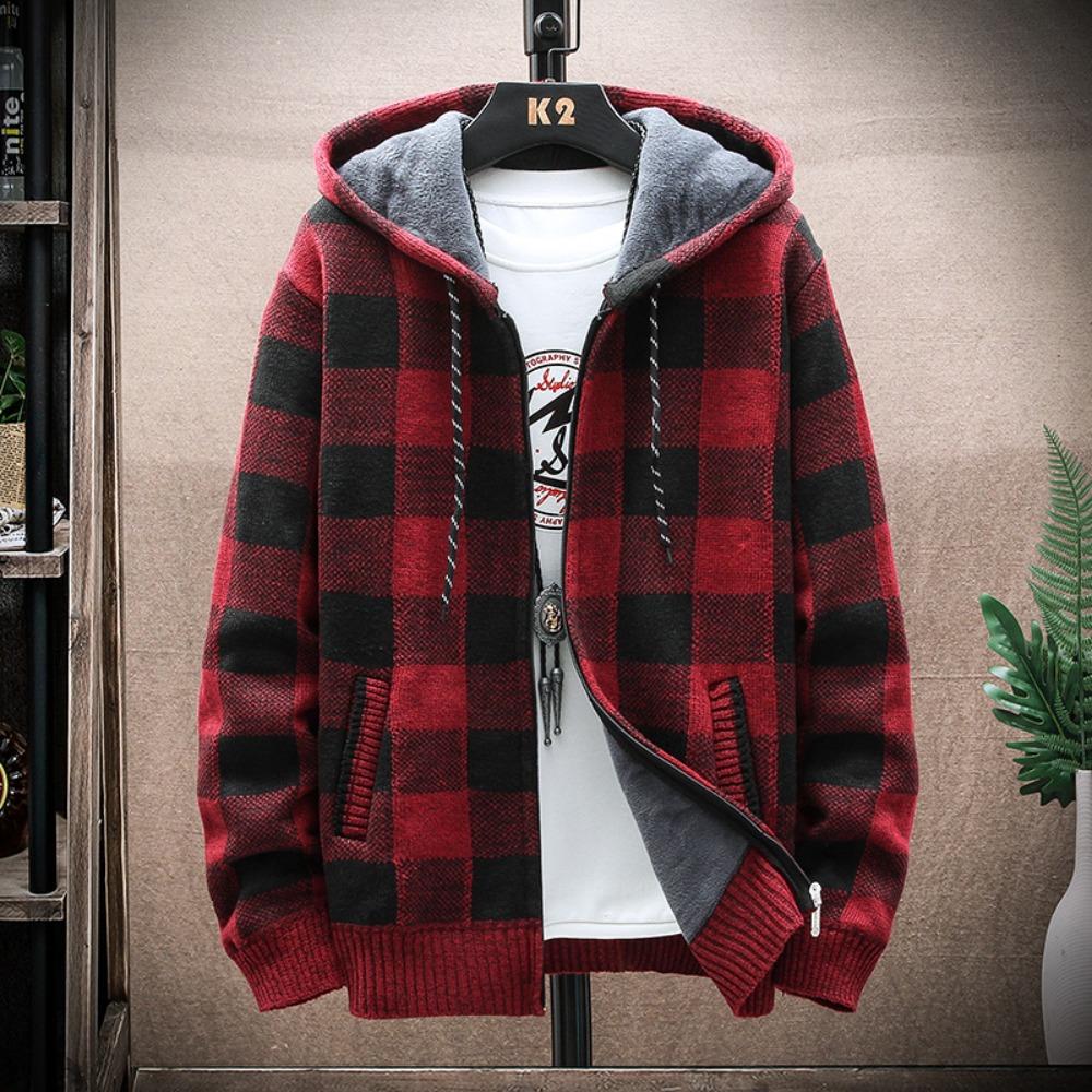 Knitted Cardigan Sweater Men's Jacket Loose Men's New Plaid Long-sleeved Sweatercoat Warm Jackets Winter