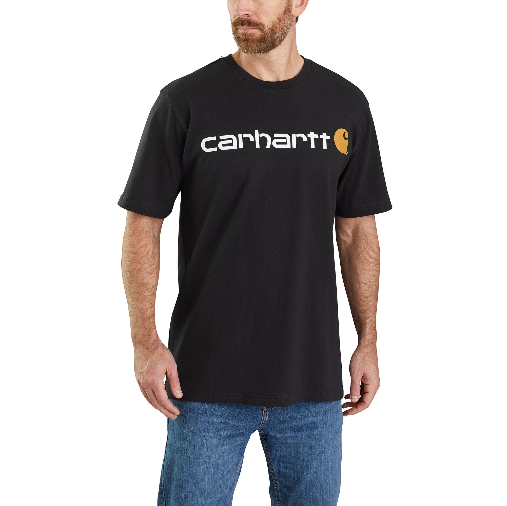 Мужская футболка Carhartt Большого размера Signature Short Средний вес US Черный, Логотип, Рукав, Трикотаж, K195, Размер XL, Цвет