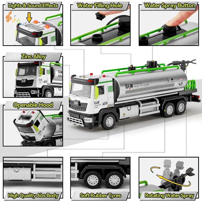 Diecast Tanker Truck Toys, Friction Powered Haze Removal Truck with Lights and Sounds, 1:40 Scale Sprinkler Truck Vehicle Kids Toy
