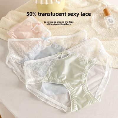 Ropa interior femenina fina y sexy de encaje y malla para primavera y verano, transparente en la parte trasera de la cadera, transpirable en la cintura