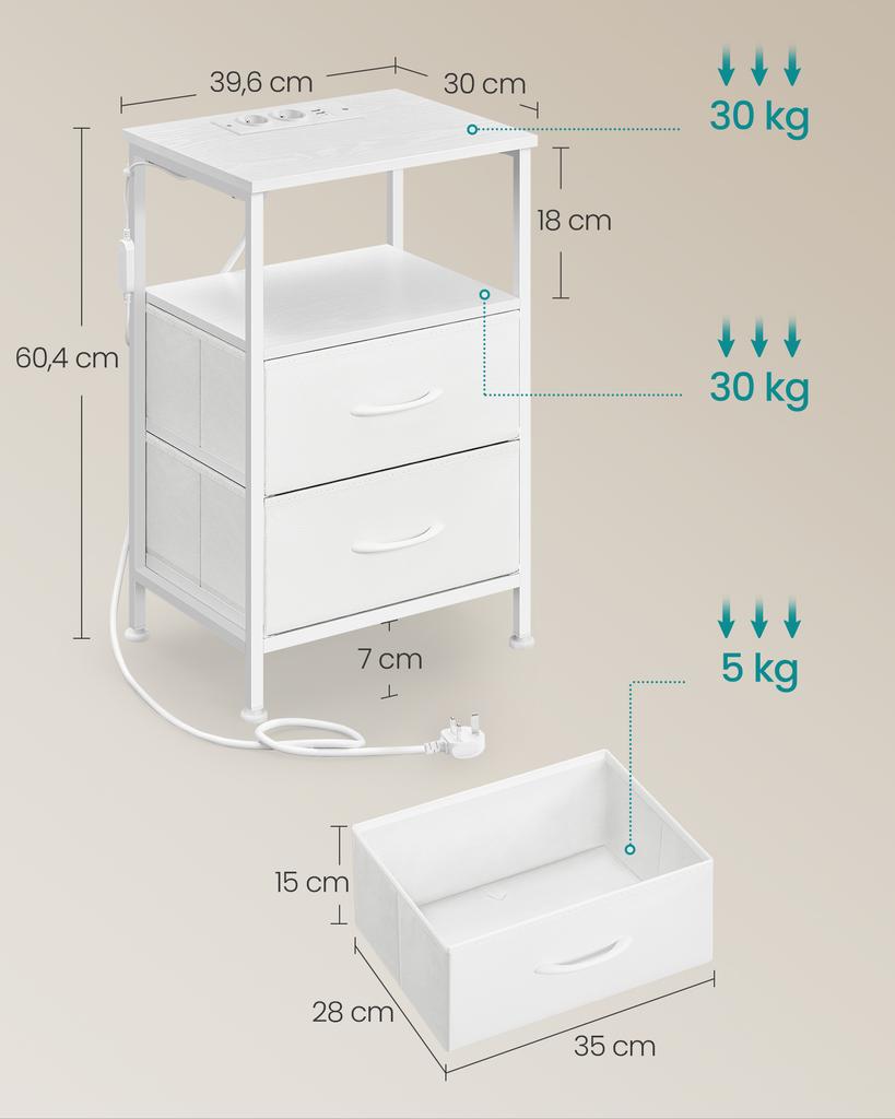 SONGMICS BELLAH Collection LGS302WH03 Bedside Table with Charging Station, Side Table with App Controlled, Adjustable LED Lighting