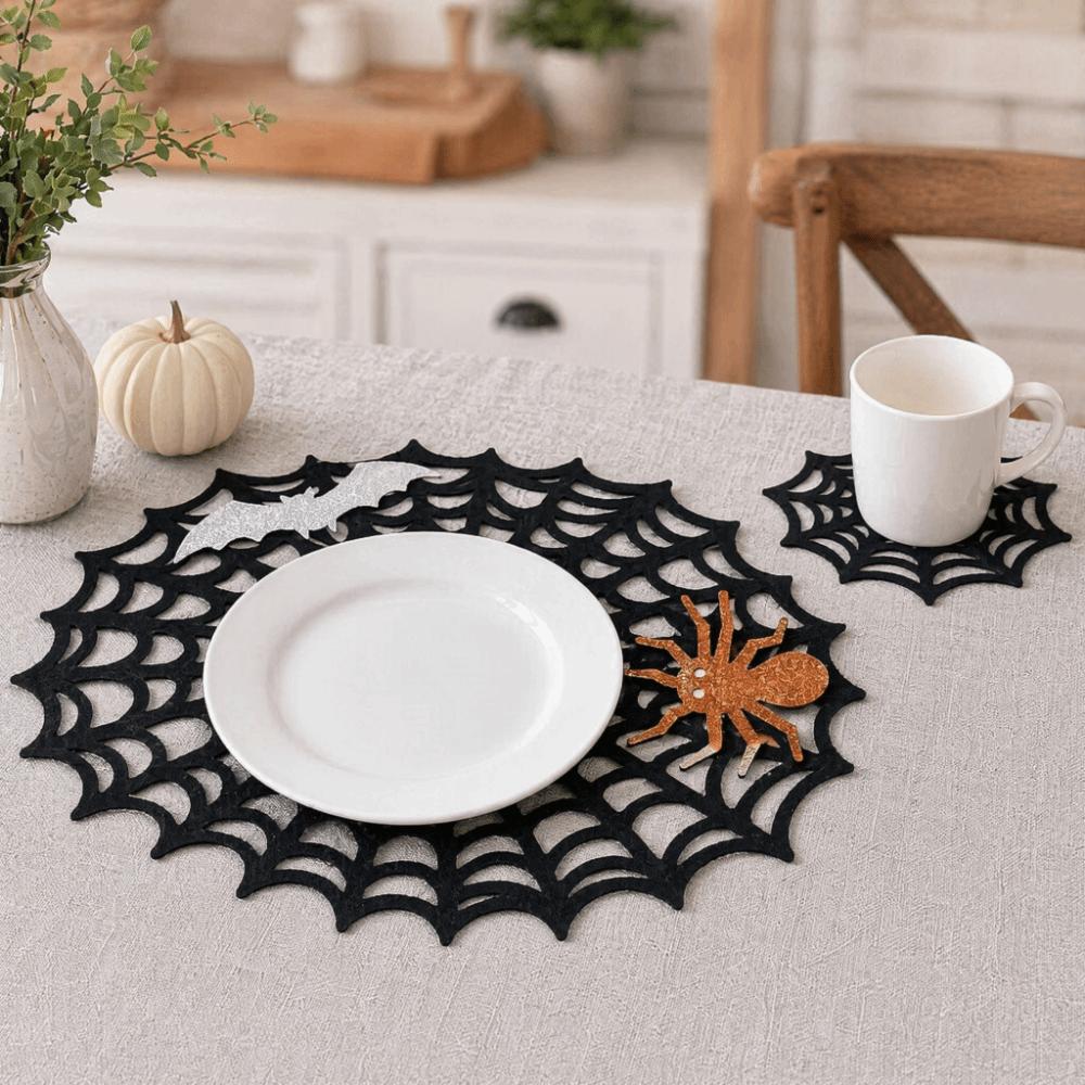 Hollow Out Spider Web Coaster Waterproof Felt Cup Mat Halloween Spider Web Placemat  Restaurant