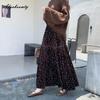 Moda Coreana Autunno Inverno Donne Gonna di Velluto Vita Alta Stampa Floreale Nero Marrone Gonna Midi Vintage Elegante Femminile Gonna con Volant