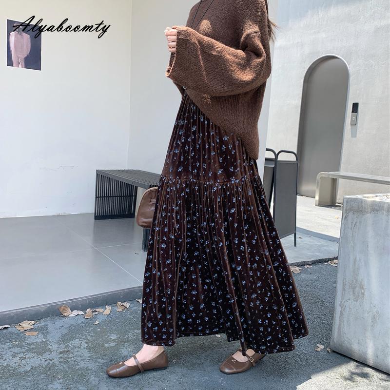 Modă Coreeană Toamnă Iarnă Femei Fustă de Catifea Talie Înaltă Imprimeu Floral Negru Maro Fustă Midi Vintage Elegantă Feminină cu Volane