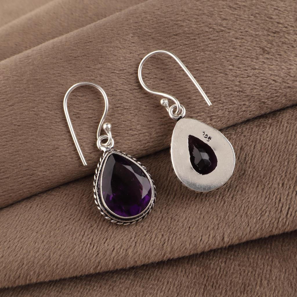 Amethyst Gemstone 925 Sterling Silver Handmade Purple Stone Earrings 1.5" Lightweight Jewelry For Women AEE-2-6