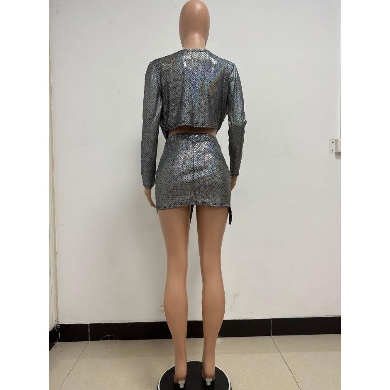 Women's Summer Drip Glue Long Sleeve Suit Women's Fashion Two-piece Deep V Pleated Slit Suit Skirt