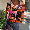 Women Casual Long Sleeve Ribbed Top Halloween Pumpkin Print Round Neck Slim Fit Stretchy Shirt