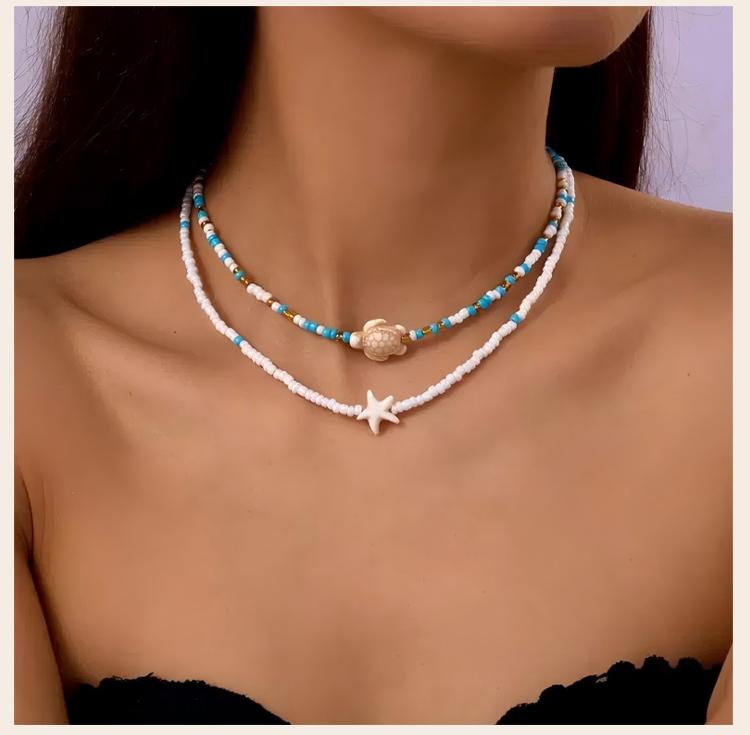 Beaded Necklace Set for Women 2 Pcs Seed Bead Choker with Sea Turtle Starfish Charms Layering Summer Boge Beach Jewelry