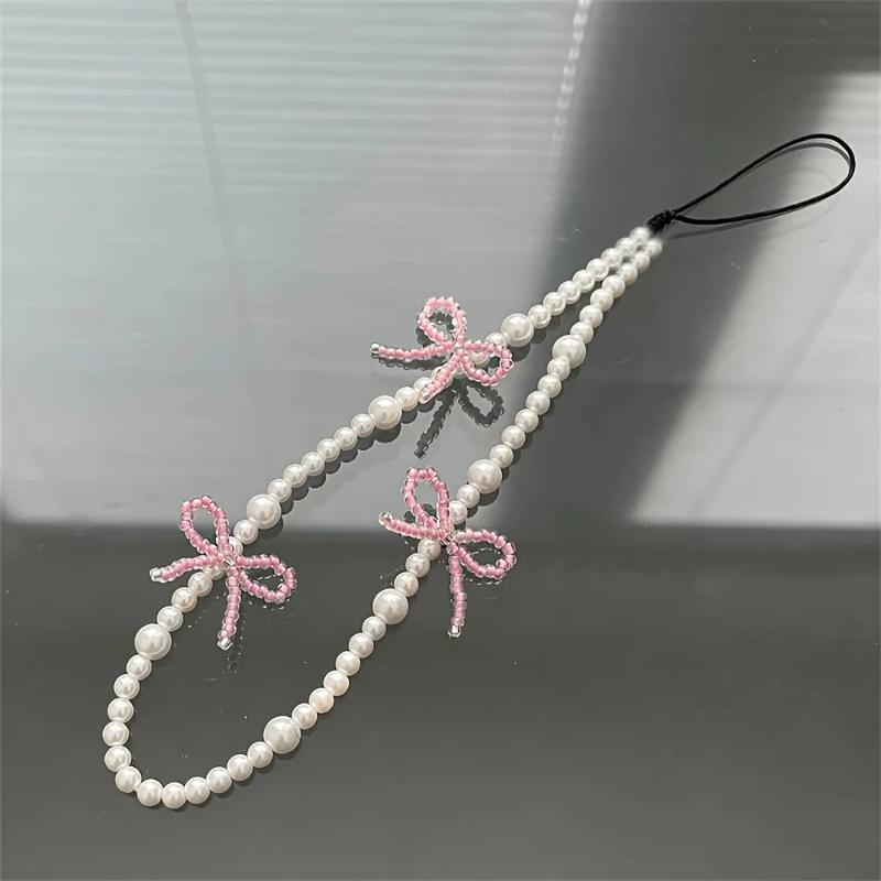 Korea Pink Bowknot Pearl Pendant Beaded Phone Charm for IPhone Accessrioes Lanyard Woman Girl Jewelry Hanging Rope Strap