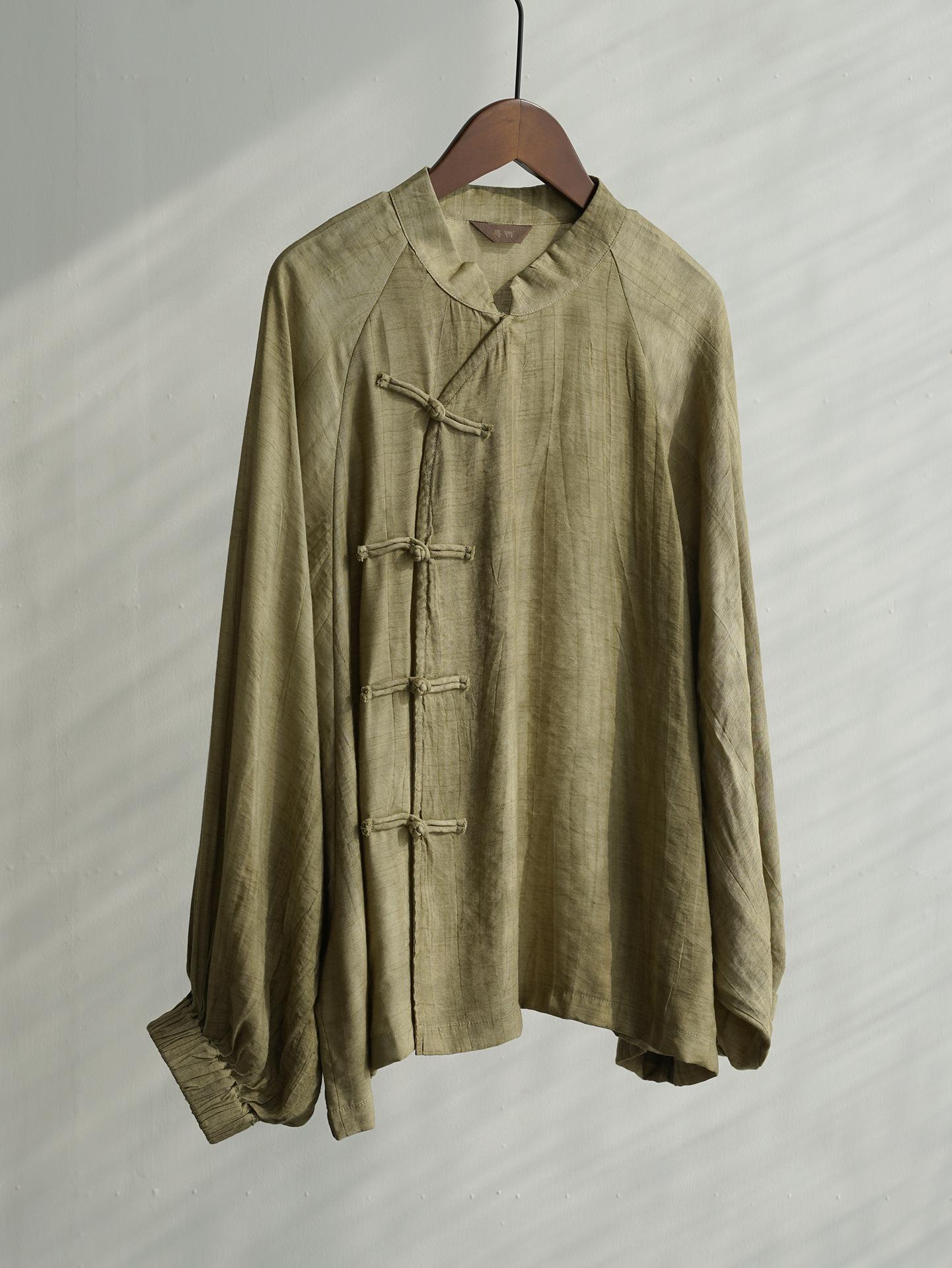 

Johnature Women Vintage Soft Shirts Tops Button Long Sleeve Stand Blouses Summer Thin Chinese Style Female Shirts One Size оливковое зеленый