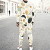 Men Plus Size White Printed Two Piece Set Round Neck Long Sleeve Top Cuffed Pants With Pockets
