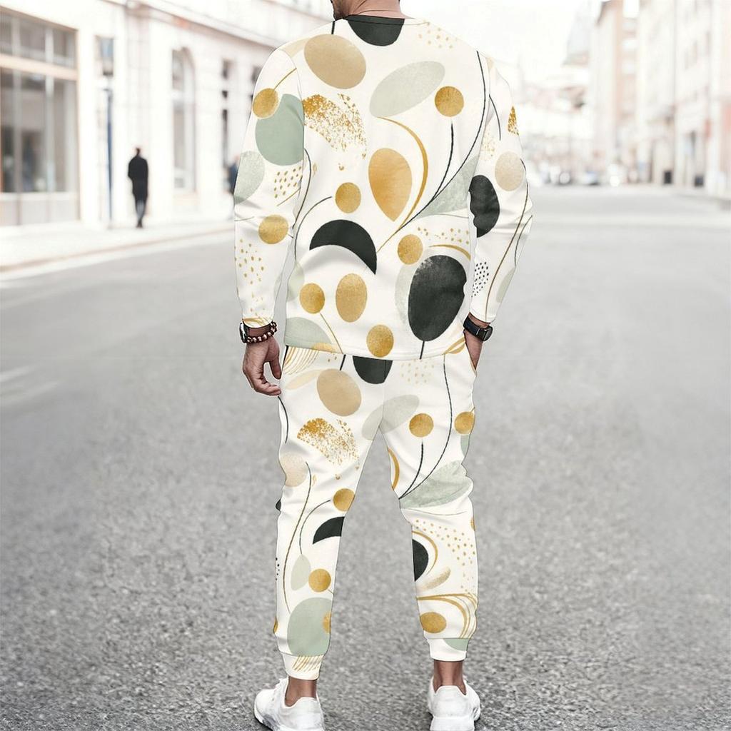 Men Plus Size White Printed Two Piece Set Round Neck Long Sleeve Top Cuffed Pants With Pockets