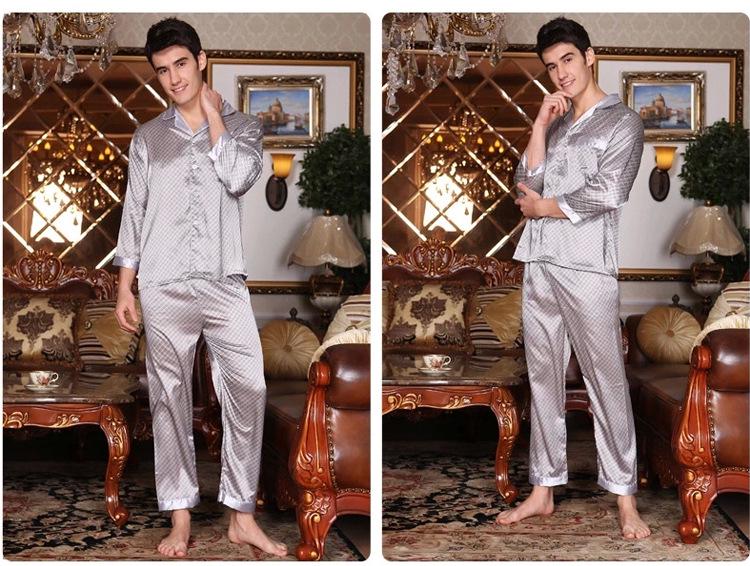 Men's Silk Long Sleeve Pajamas Set: Spring to Autumn, Lightweight, Loose, and Comfortable Homewear.