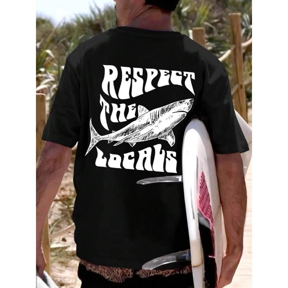 Respect The Locals Shark Surf Graphic Tee Unisex Unisex Retro Beach Surfer Cotton Short Sleeve Summer Daily Tops