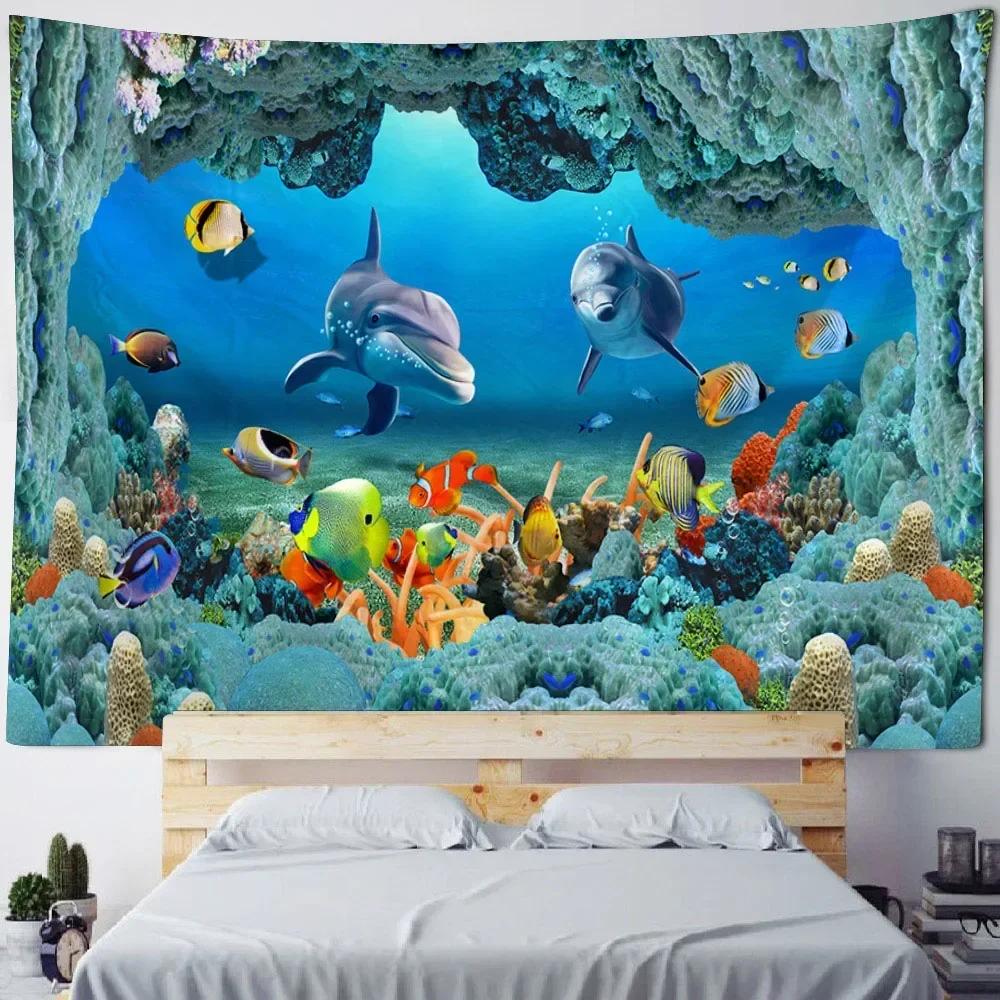 Underwater World Tapestry Wall Hanging Dolphin Shark Seaweed Art Print Tapestry Cartoon Home Sheets Bedroom Wall Decoration