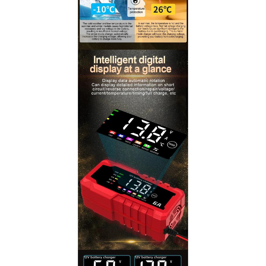 Color Screen Car Battery Charger 6A 12V Car and Motorcycle Battery Charging Device Lead-acid Battery Smart Repair