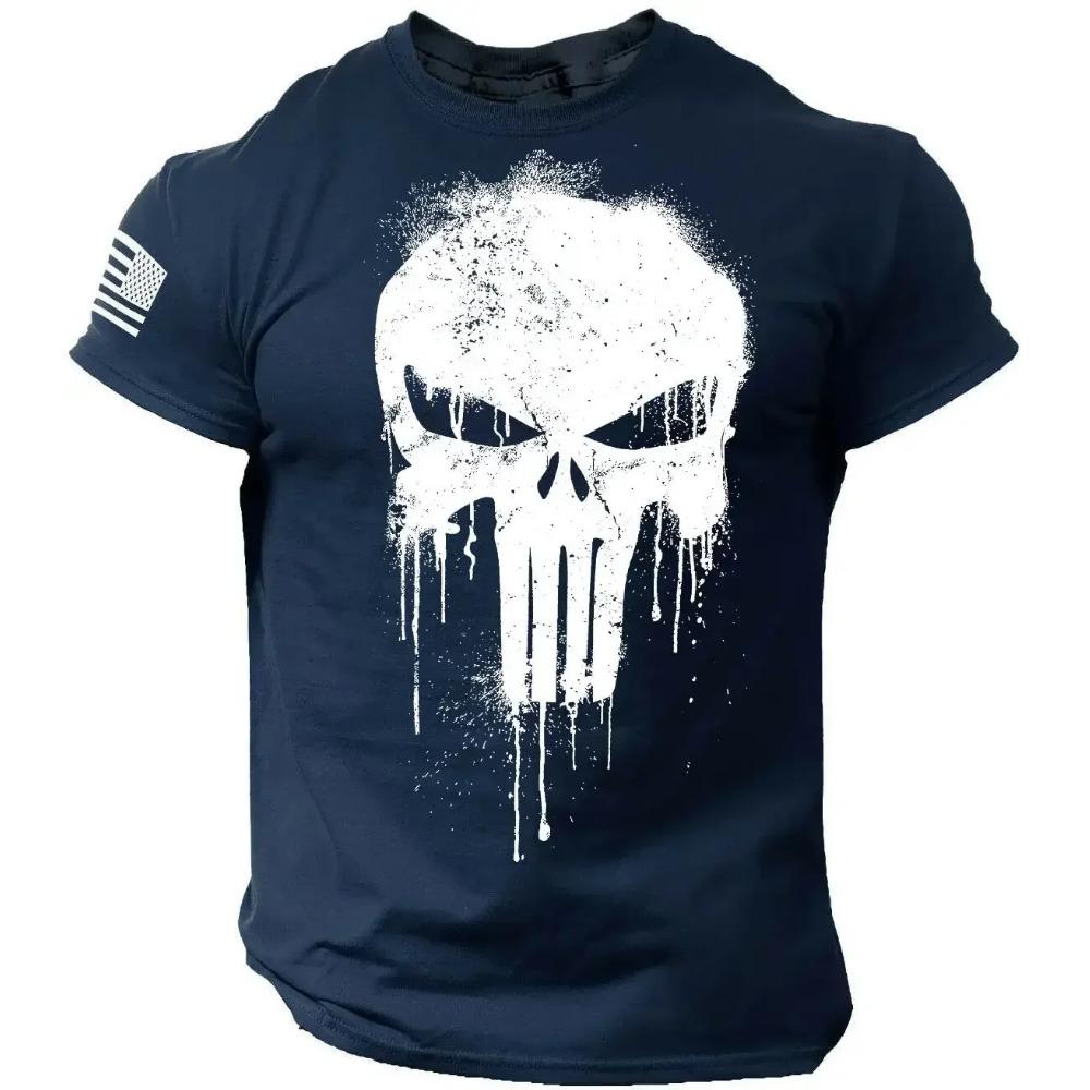 Summer Vintage Men's T Shirt Militar Skull Print Tees Casual Short Sleeve Pullover Oversized Man Clothing Outdoor O Neck T-Shirt