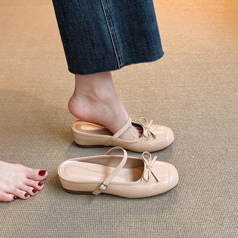 Small inner height increase silver bow bag head half slippers women's summer wear 2025 new one-word with thick bottom