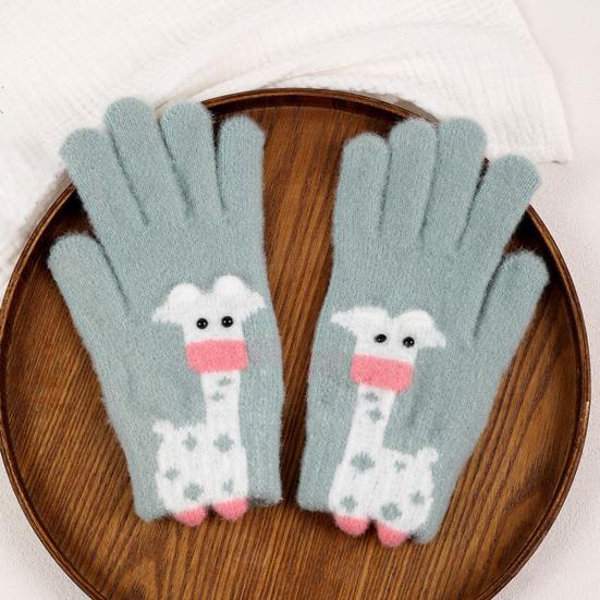 1 Pair Women Giraffe Knitted Gloves Winter Warm Thick Yarn Touchscreen Gloves Outdoor Cycling Cold Weather Five-Finger Thermal Gloves