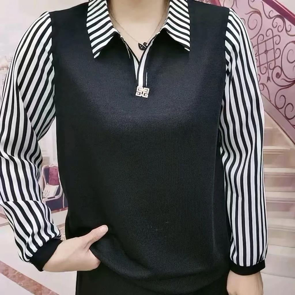 Women Shirt Age-reducing Middle-aged and Elderly Splicing Polo Collar Bottoming Shirt Long-sleeved Top for Women