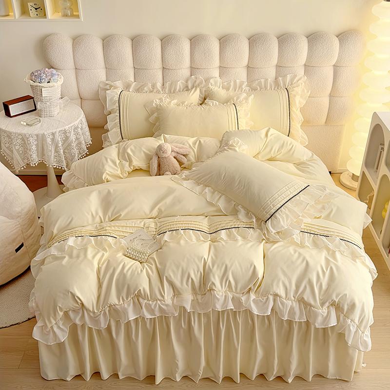 INS Girls Blue Bedding Sets Solid Color Ruffles Lace Kawaii Soft Bed Skirt Sheet Woman Duvet Cover Pillow Covers Quilt Cover