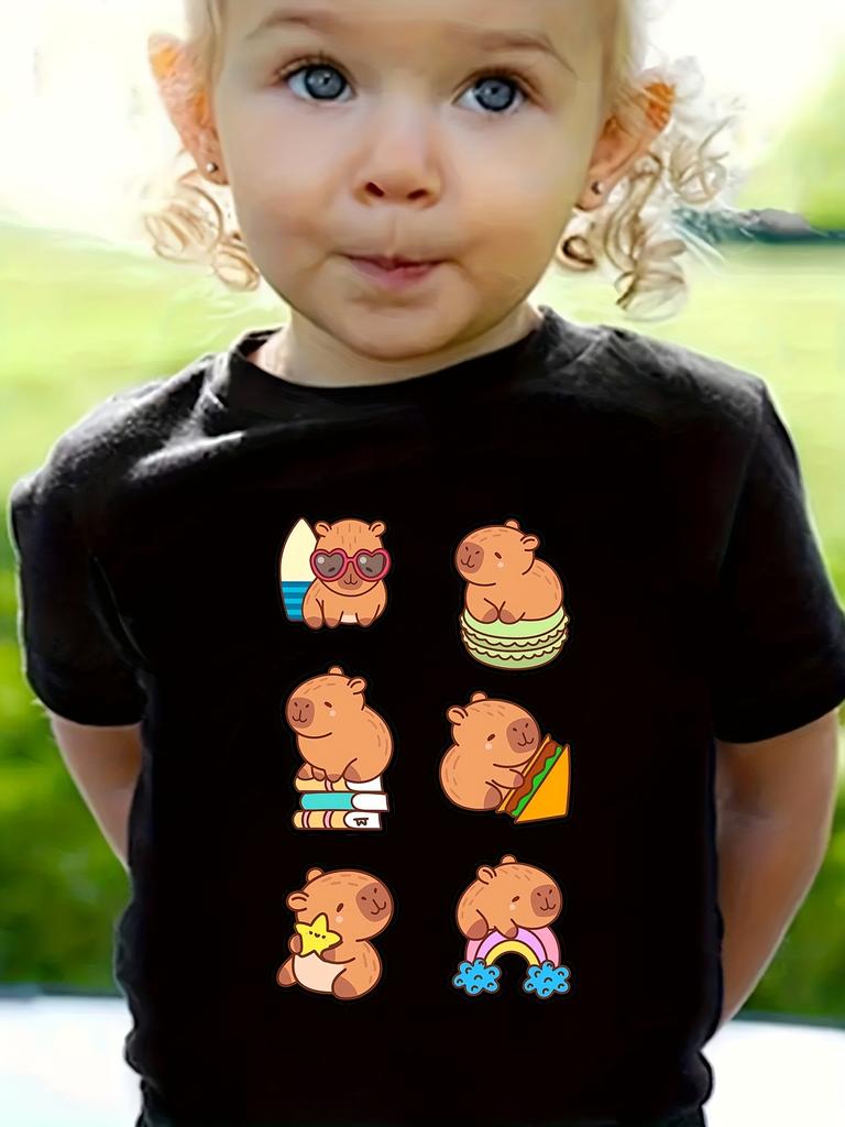 Cute Capybara Print Girls Summer Clothes Crew Neck T-Shirts for Girls Short Sleeve Tee Kids Clothes T-Shirts Girl Clothing