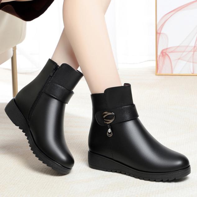 Women's Ladies Mother Female Genuine Leather Ankle Boots Platform Wedges Shoes Winter Round Toe Non Slip Plush Wool Warm Zipper