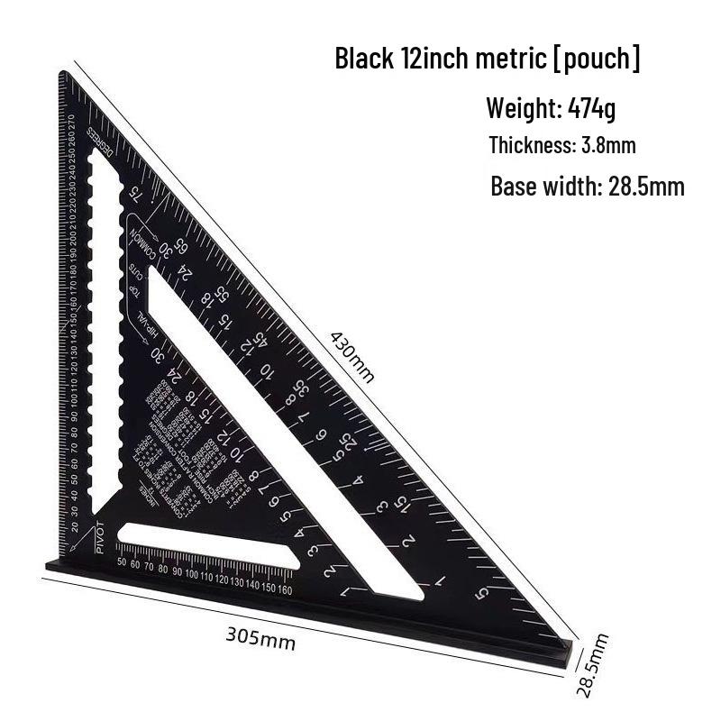 7/12" Aluminum Triangle Ruler: Woodworking, Imperial/Metric, Black Oxide, 90°/45° Right Angles.