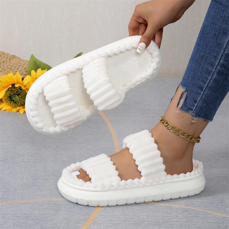 Fashion Shevalues Winter Corduroy Plush Women's Slippers Platform Slip On Home Slides Warm Indoor Slides Furry Soft Sole Women Slippers