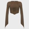 American Street Style Sexy V-Neck Irregular Pleated Long-Sleeve Crop Top