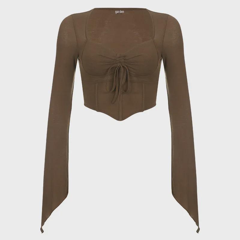 American Street Style Sexy V-Neck Irregular Pleated Long-Sleeve Crop Top
