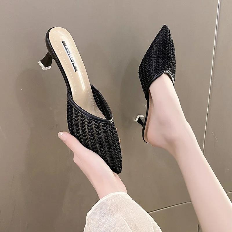 Minimalist Fashion Slippers 2024 Summer New Women's Slim Heel One Line Ladies Fashion High Heel Slippers Women Shoes