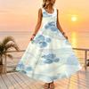 U-Neck Sleeveless Maxi Dress,Minimalist Summer Dress with Lightweight Fabric,Flowy Skirt,Fresh Blue & White,Ideal for Beach Vacation & Casual Wear