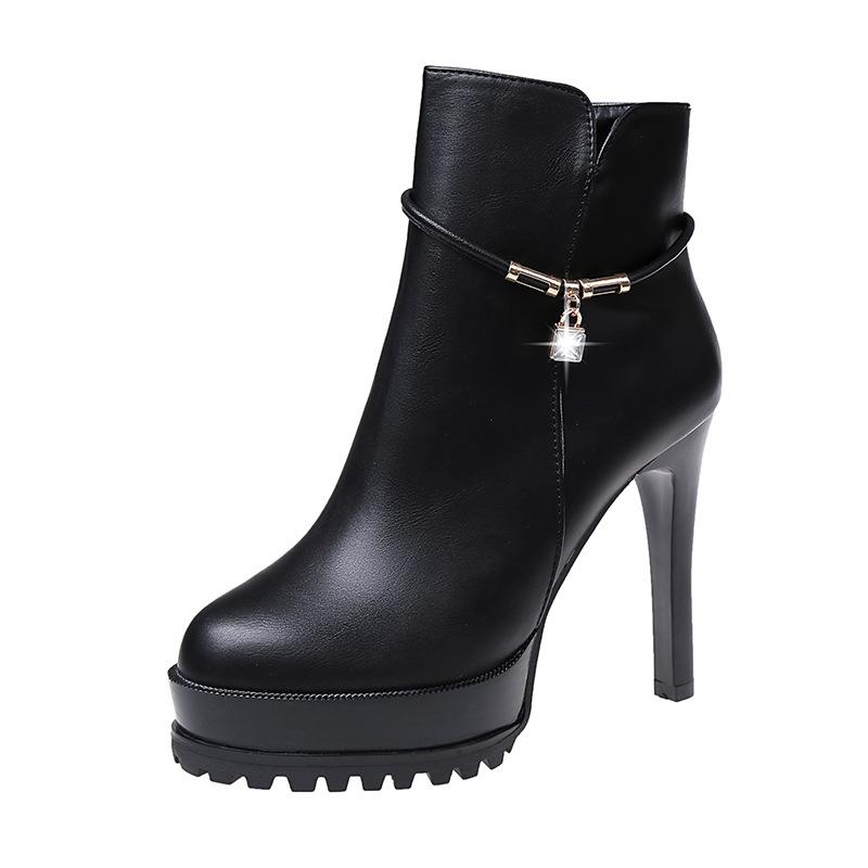 

Leather buckle decorative suede stiletto high heel waterproof table women s short boots ankle boots women s fashion Martin boots women s 39