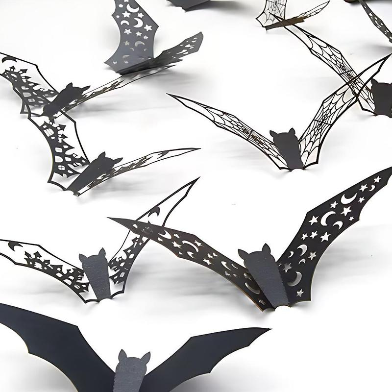 12Pcs 3D Bat Wall Stickers Various Size Black Hollow Out Bat Shaped Display Sticker Halloween Festive Atmosphere Decoration Zyf